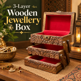 3-Layer Wooden Jewellery Box – Traditional Carved Storage & Organizer (Size: Length-15cm, Width-10cm, Height-12cm)