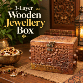 3-Layer Wooden Jewellery Box – Traditional Carved Storage & Organizer (Size: Length-15cm, Width-10cm, Height-12cm)